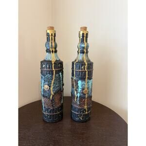 OOAK Steampunk Table Decor Recycled Decoupage Altered Metallic Patina Bottles 2